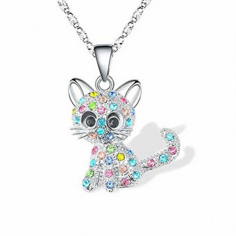 Colorful Zirconia-Accented Silver Kitten Necklace