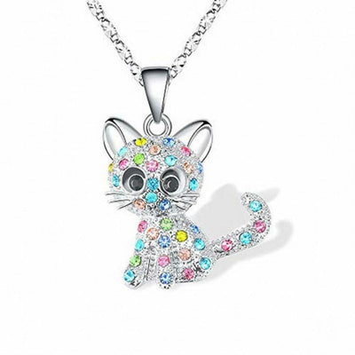 Colorful Zirconia-Accented Silver Kitten Necklace