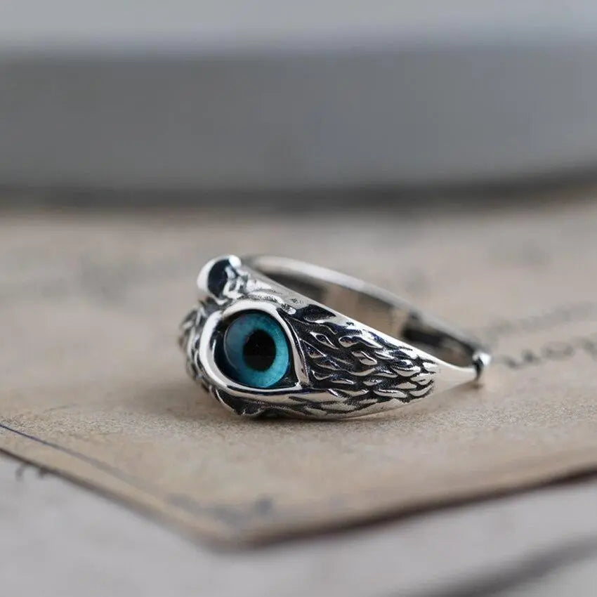 Adjustable Silver Ring Featuring Opal and Lucky Owl Motif