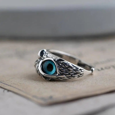 Adjustable Silver Ring Featuring Opal and Lucky Owl Motif