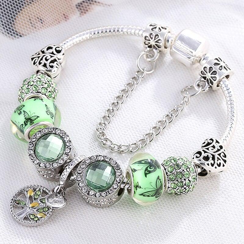 Sterling Silver Bracelet with Green Crystal Accents