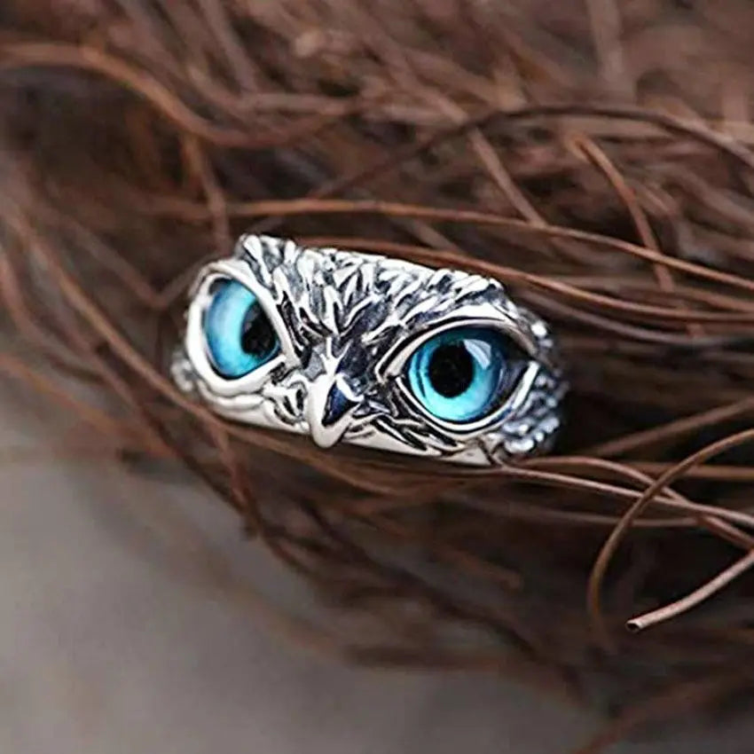 Adjustable Silver Ring Featuring Opal and Lucky Owl Motif