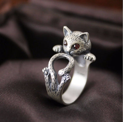 Adjustable Hand-Painted Cat Ring Crafted from 925 Sterling Silver