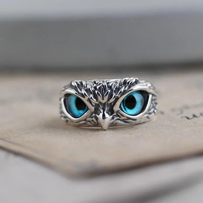 Adjustable Silver Ring Featuring Opal and Lucky Owl Motif