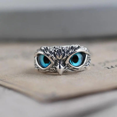 Adjustable Silver Ring Featuring Opal and Lucky Owl Motif