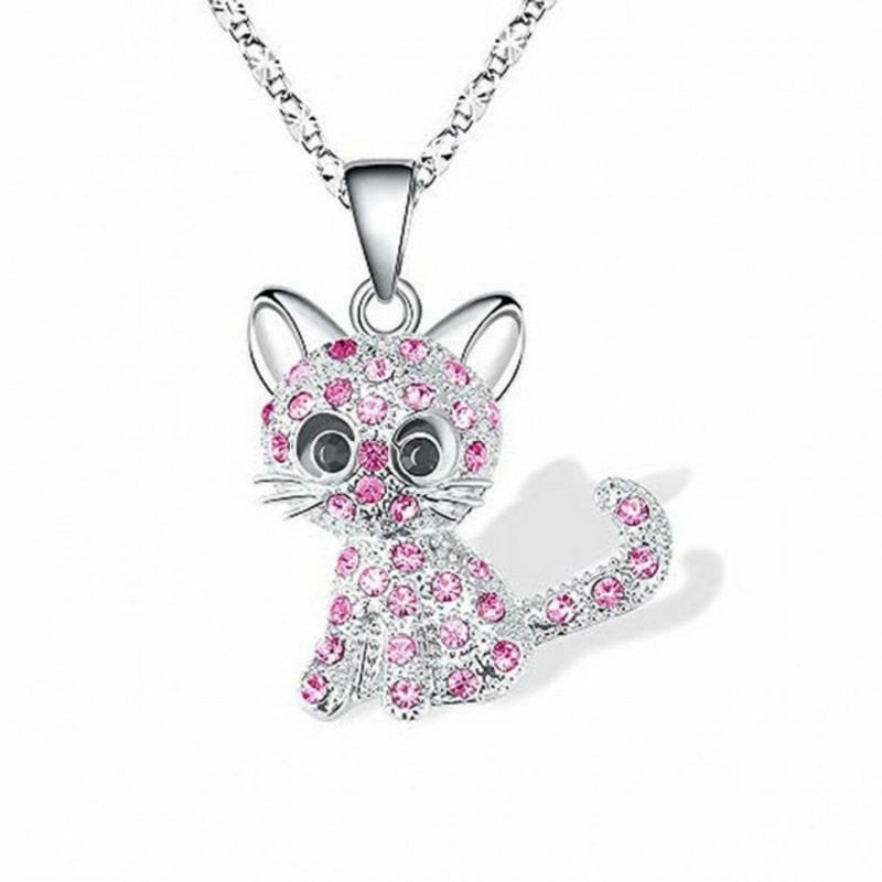Colorful Zirconia-Accented Silver Kitten Necklace