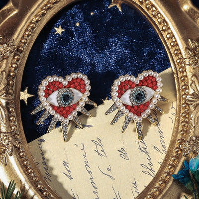 Heart-Shaped Sun and Diamond Evil Eye Earrings