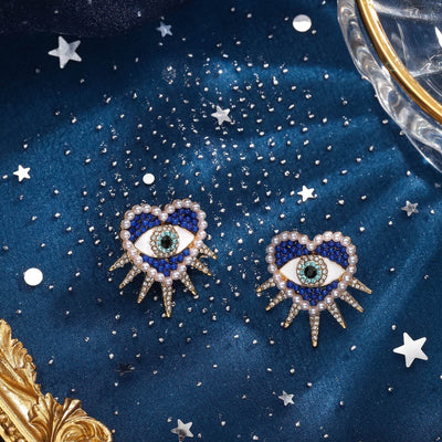 Heart-Shaped Sun and Diamond Evil Eye Earrings