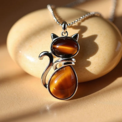 Necklace with cat in genuine stone.
