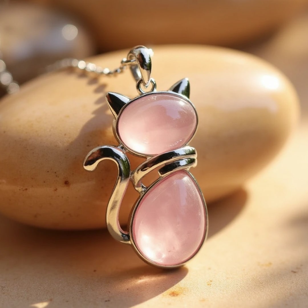 Necklace with cat in genuine stone.