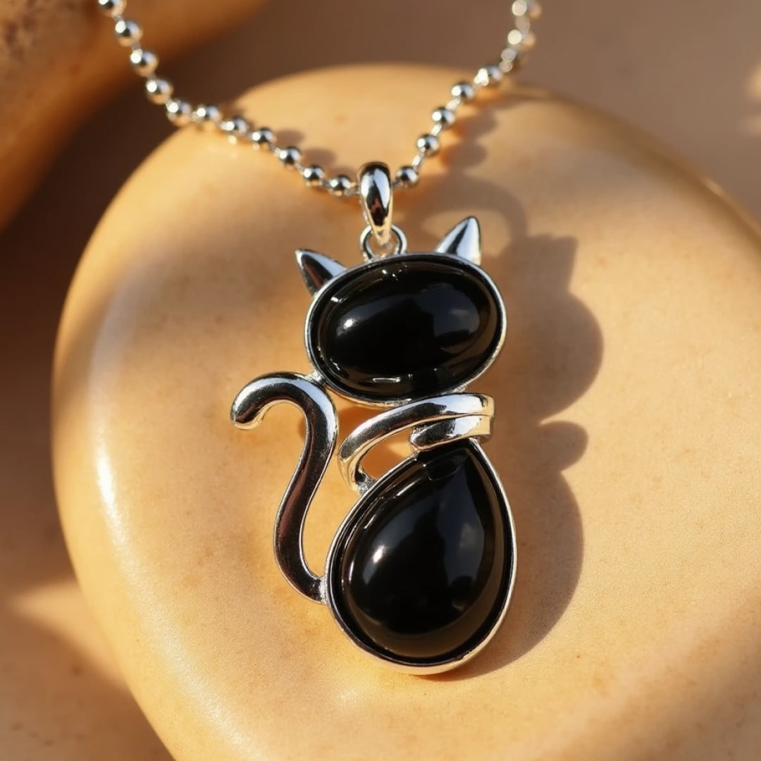 Necklace with cat in genuine stone.