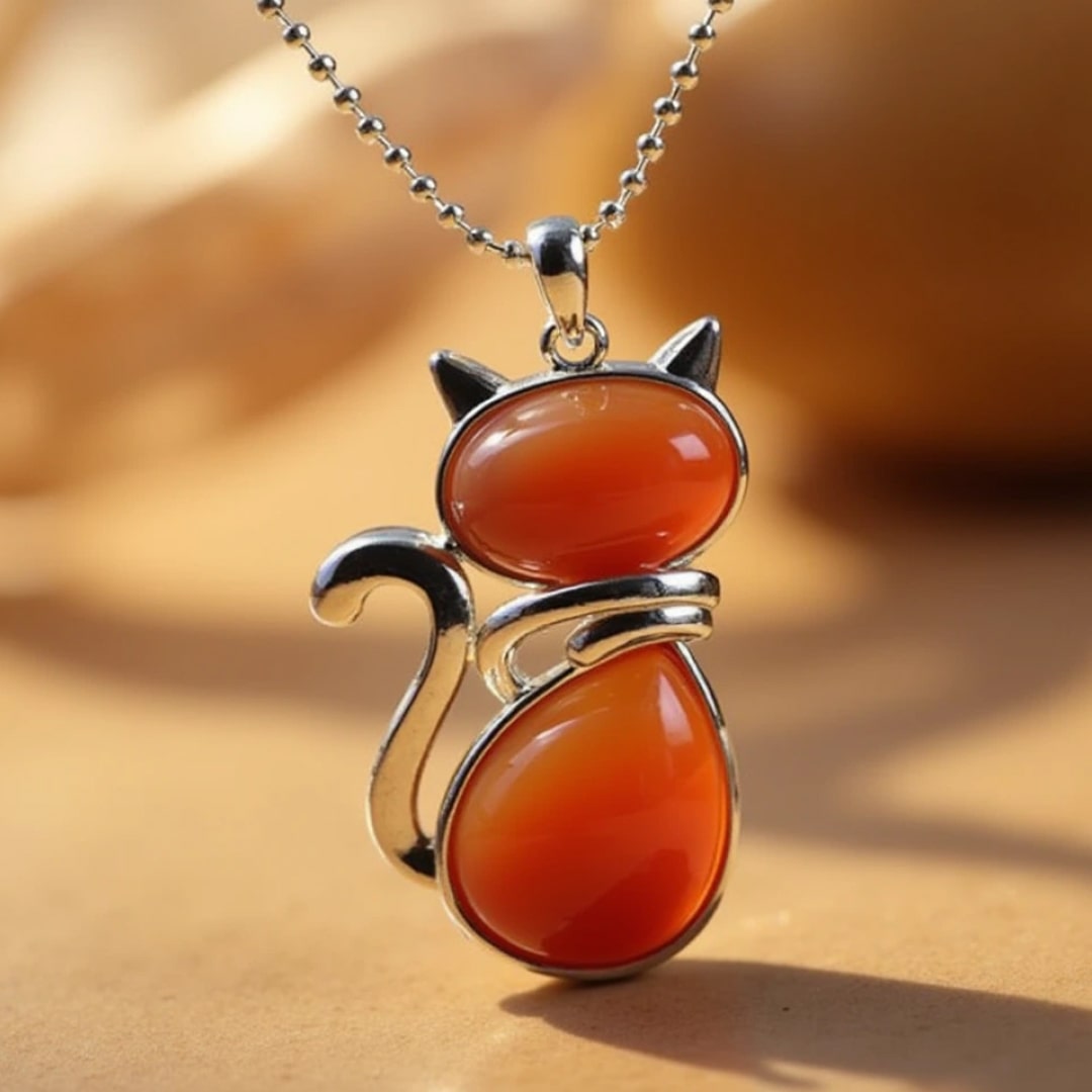 Necklace with cat in genuine stone.