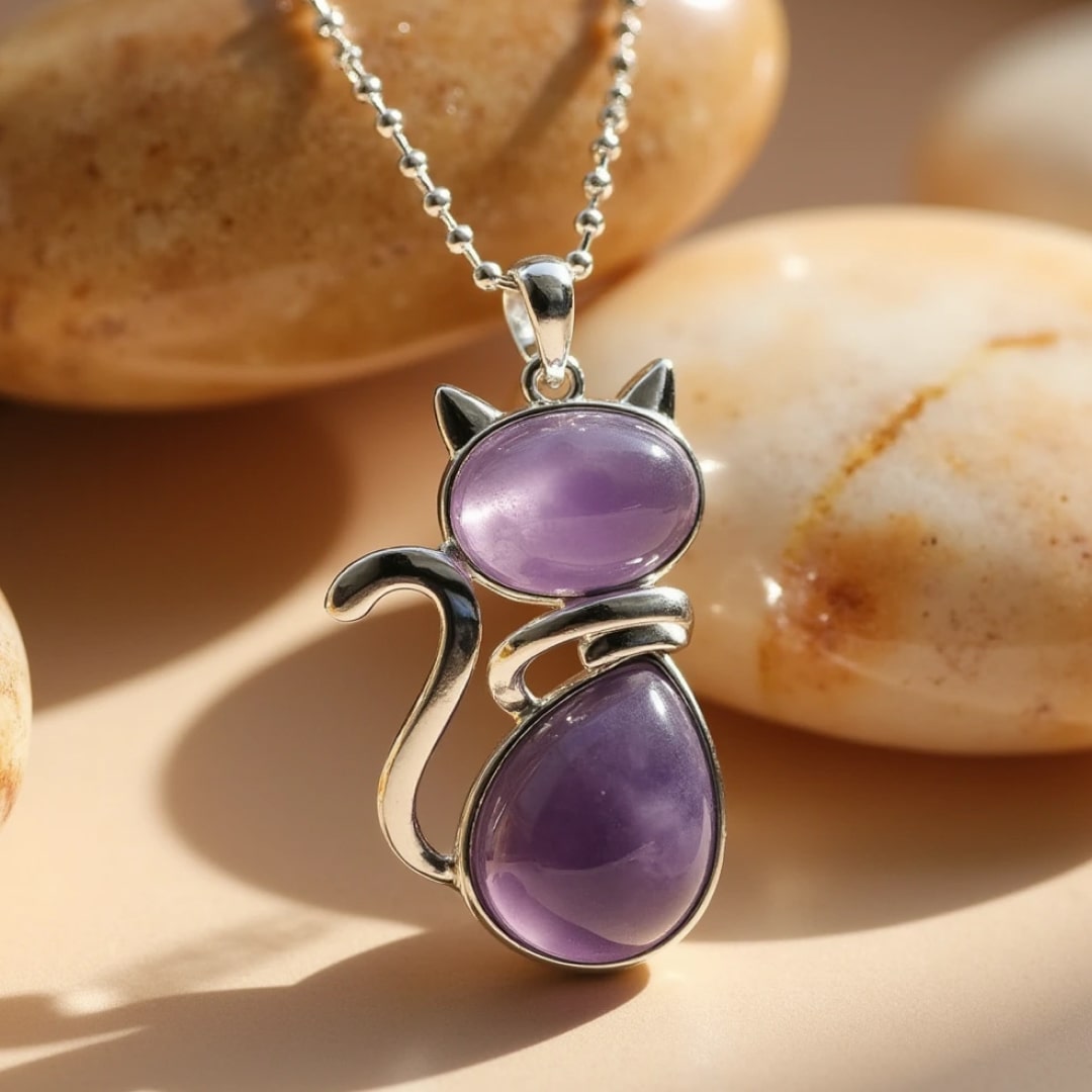Necklace with cat in genuine stone.