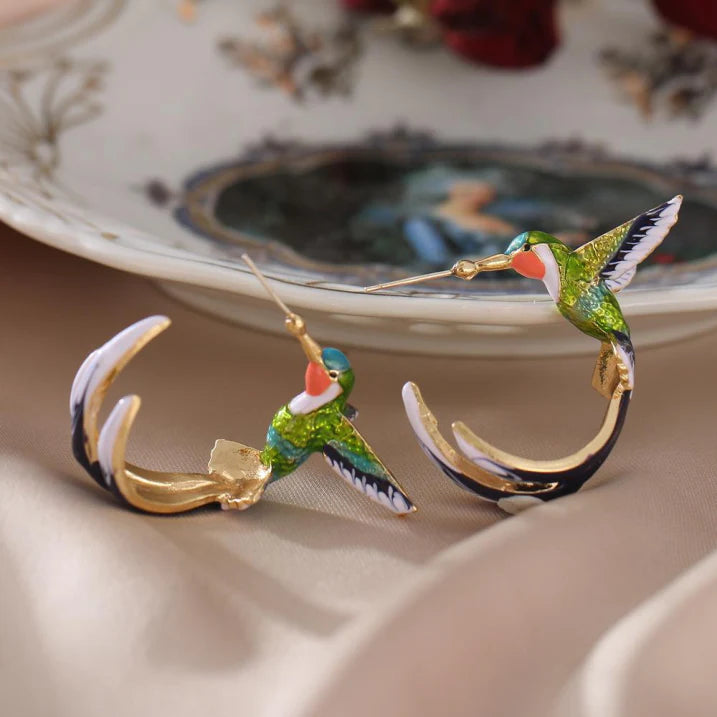 Maia | Retro Enamel Hummingbird Hoop Earrings