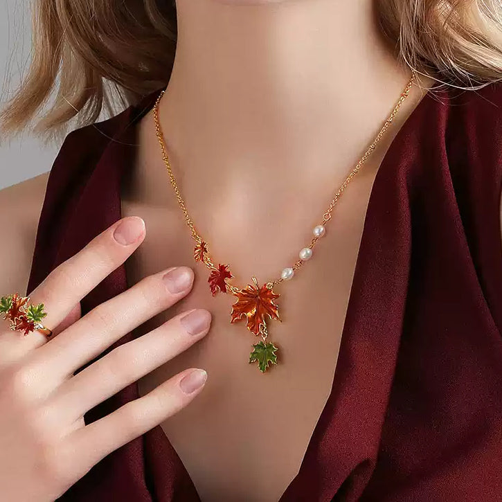 Pearl Necklace with Maple Leaf Charm