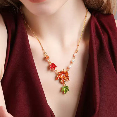 Pearl Necklace with Maple Leaf Charm