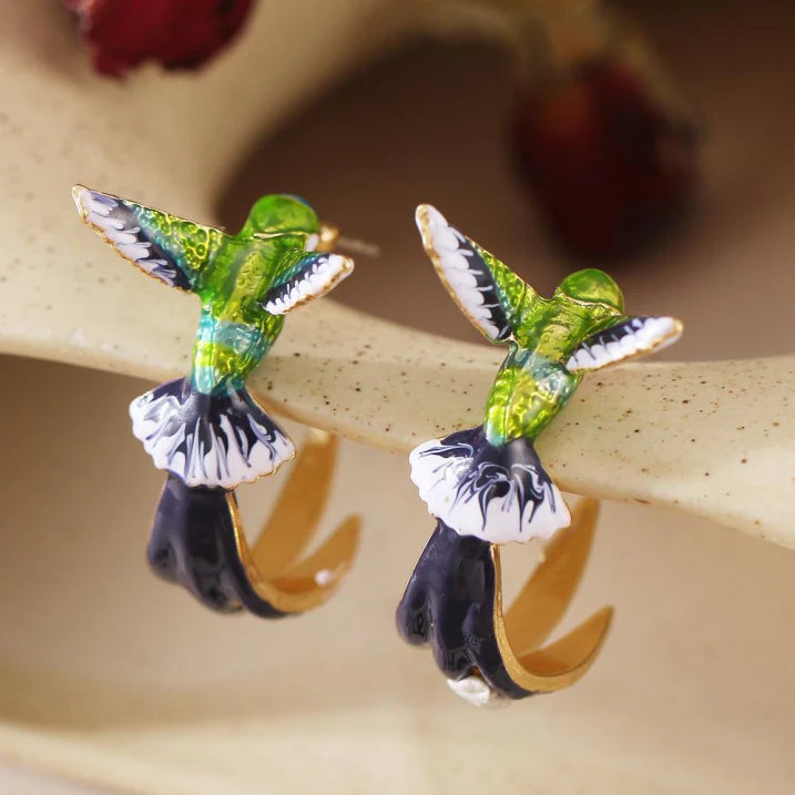Maia | Retro Enamel Hummingbird Hoop Earrings