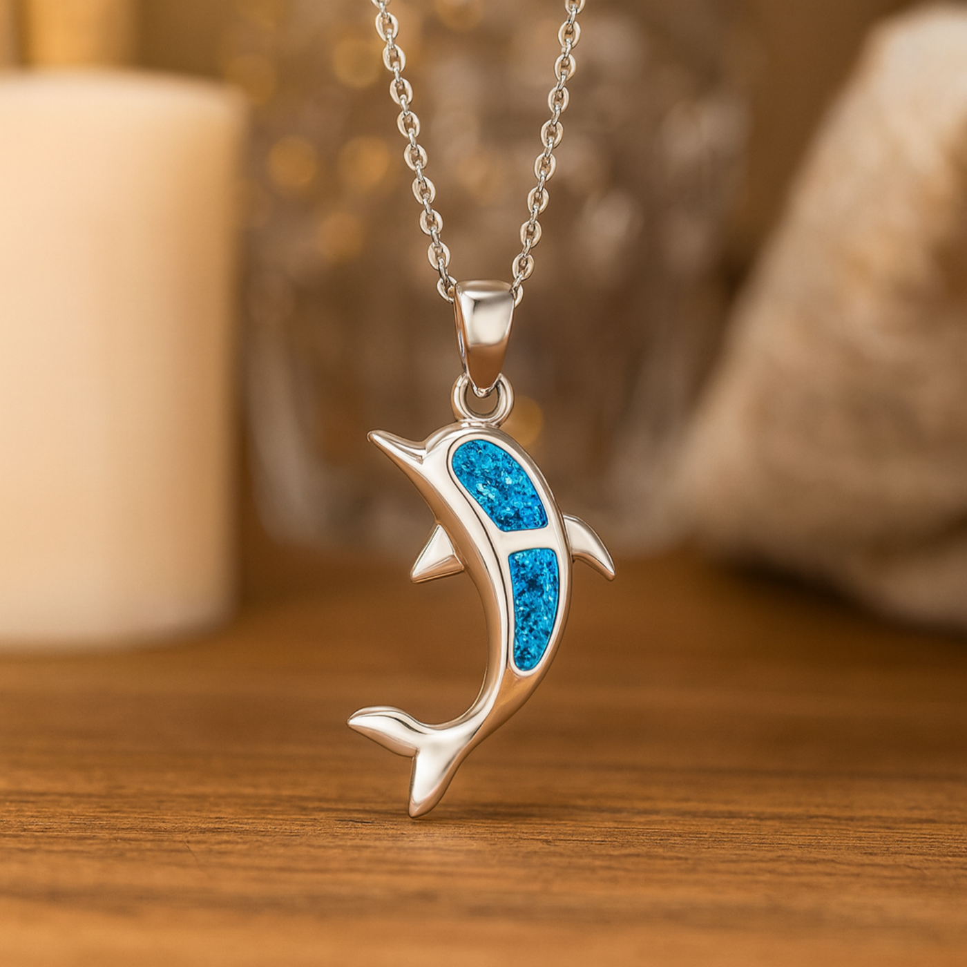 Opal-Embellished Silver Dolphin Necklace