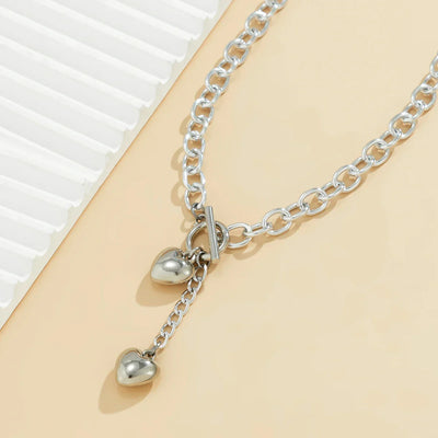 Statement Chunky Chain Link Dual Heart Lariat Necklace and Bracelet Set