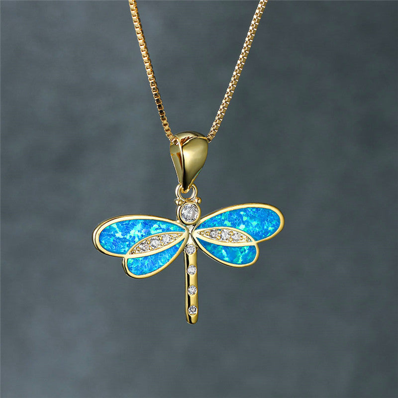 Opal-Accented Gold Dragonfly Pendant Necklace