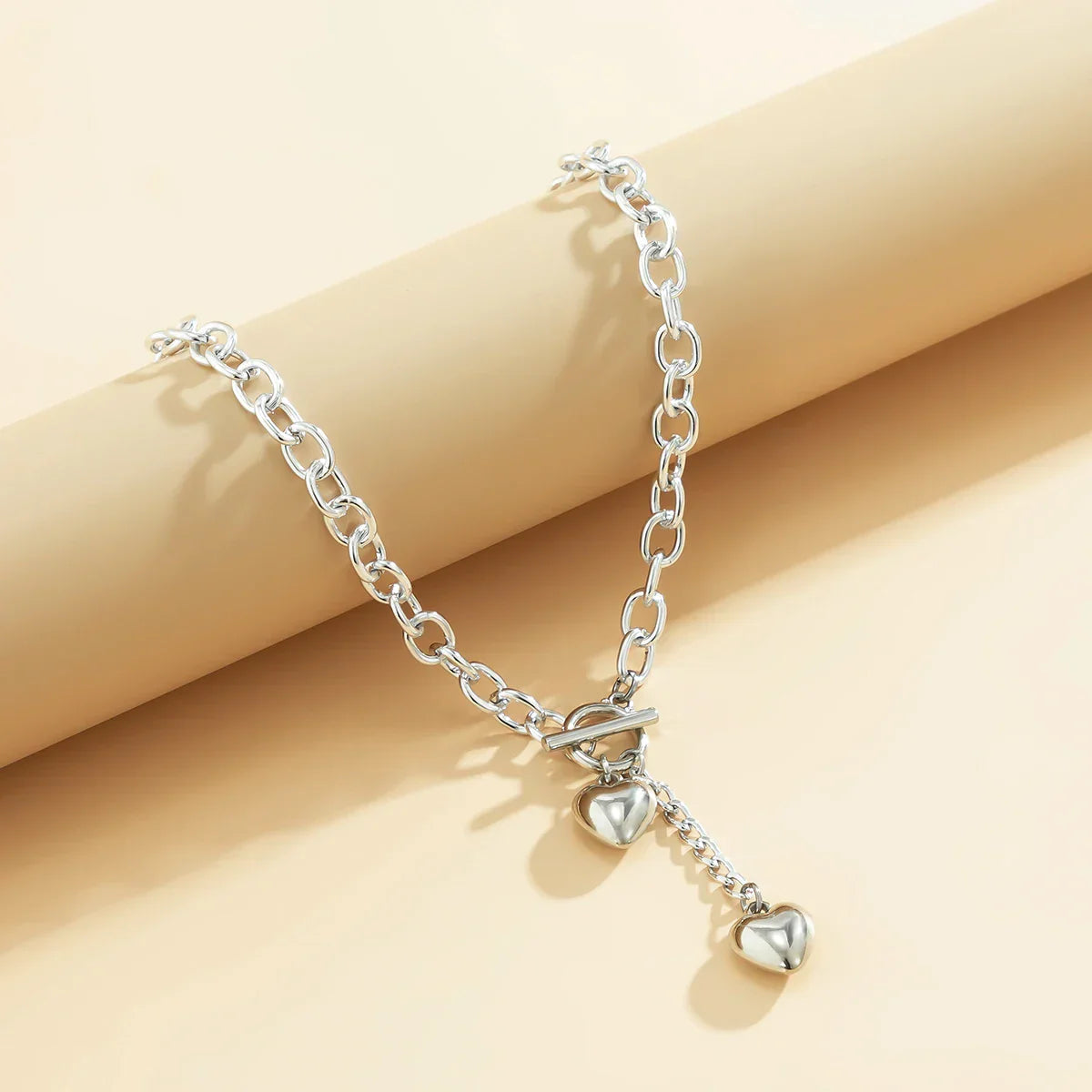 Statement Chunky Chain Link Dual Heart Lariat Necklace and Bracelet Set