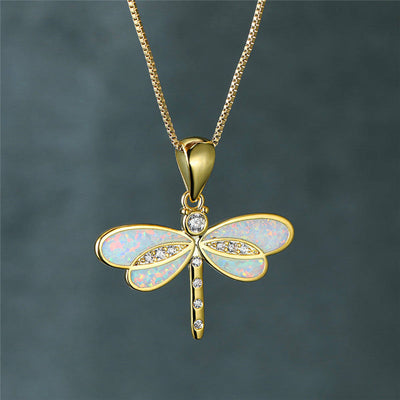 Opal-Accented Gold Dragonfly Pendant Necklace