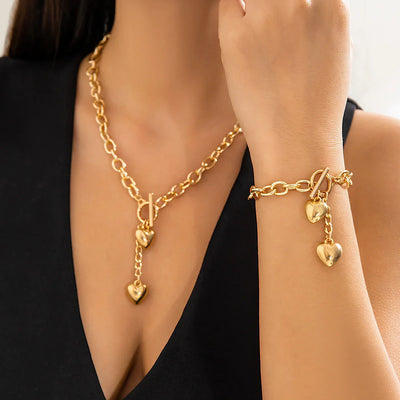 Statement Chunky Chain Link Dual Heart Lariat Necklace and Bracelet Set