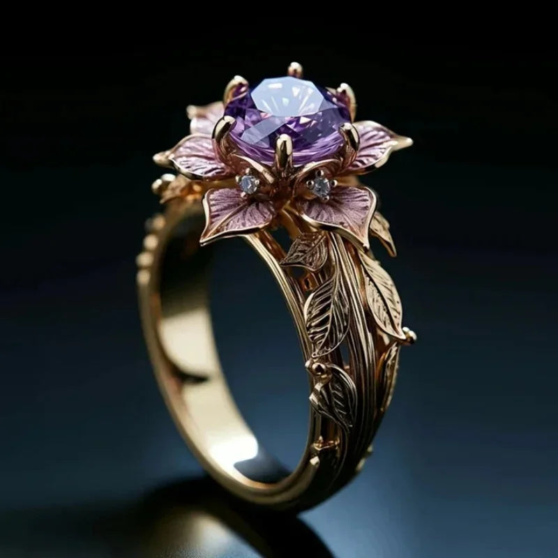 Ana | Floral Geometric Ring with Purple Zircon
