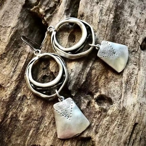 Retro Silver Square Dangle Earrings