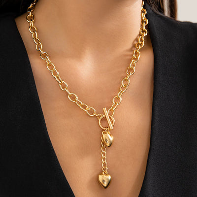 Statement Chunky Chain Link Dual Heart Lariat Necklace and Bracelet Set