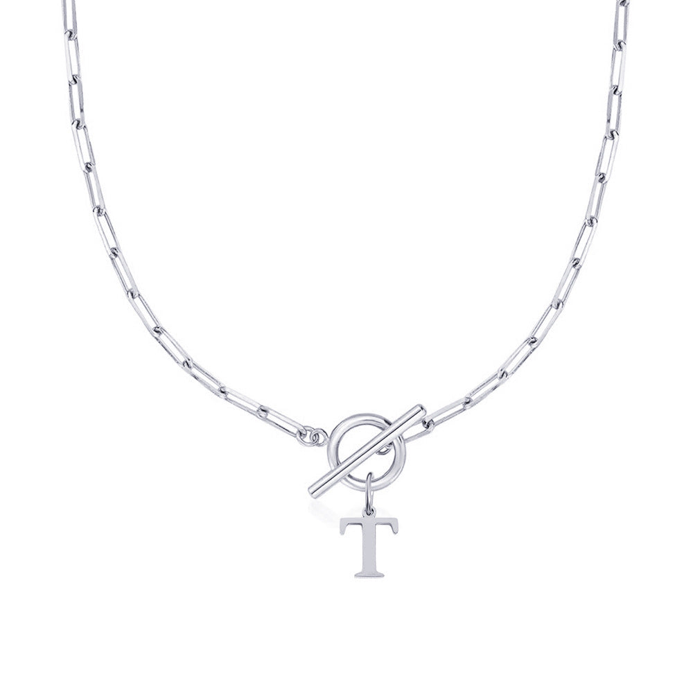 Circle Lock Clasp Necklace Featuring Paperclip Initial Charm