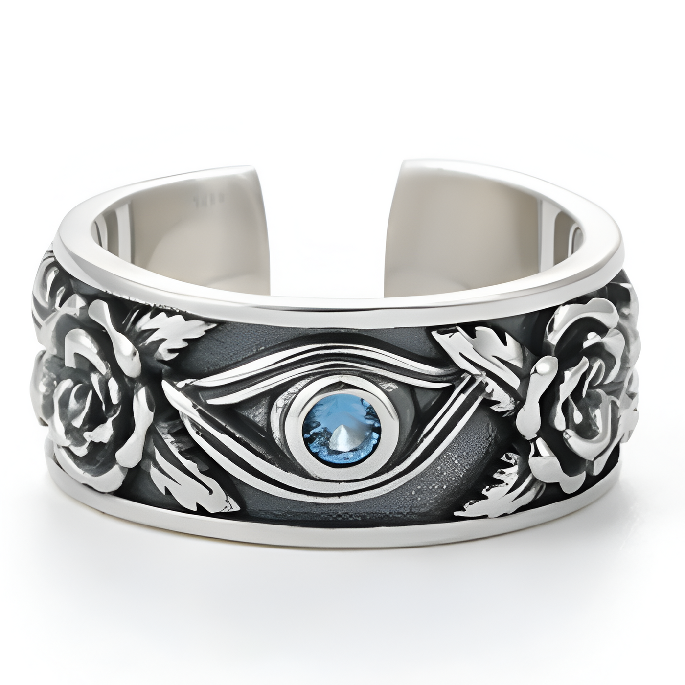 Rose-Carved Gothic Silver Eye Ring
