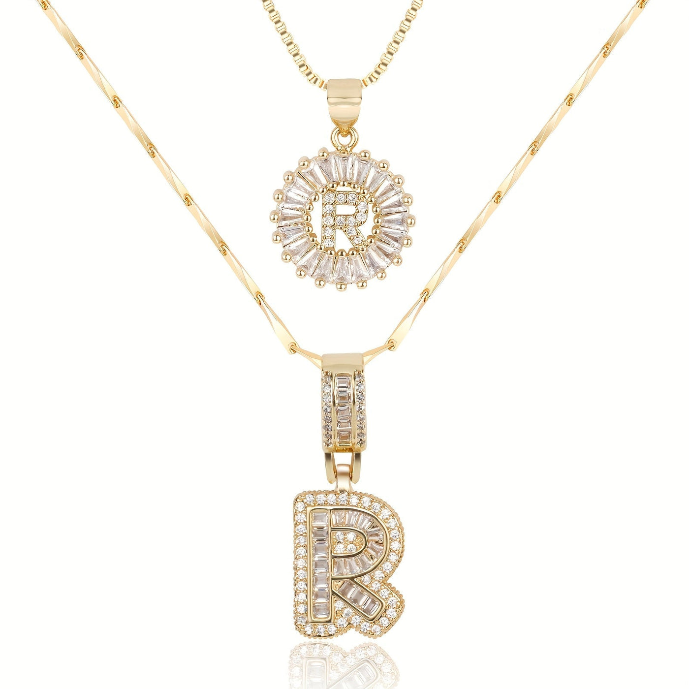 Pair of 14k Gold Initial Necklaces Adorned with Diamonds