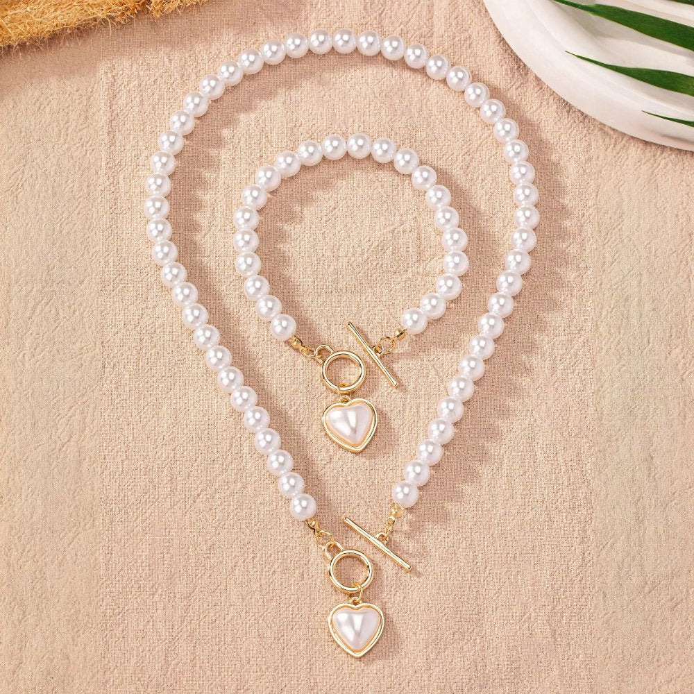 Heart-Shaped Beaded Pendant Bracelet and Necklace Set