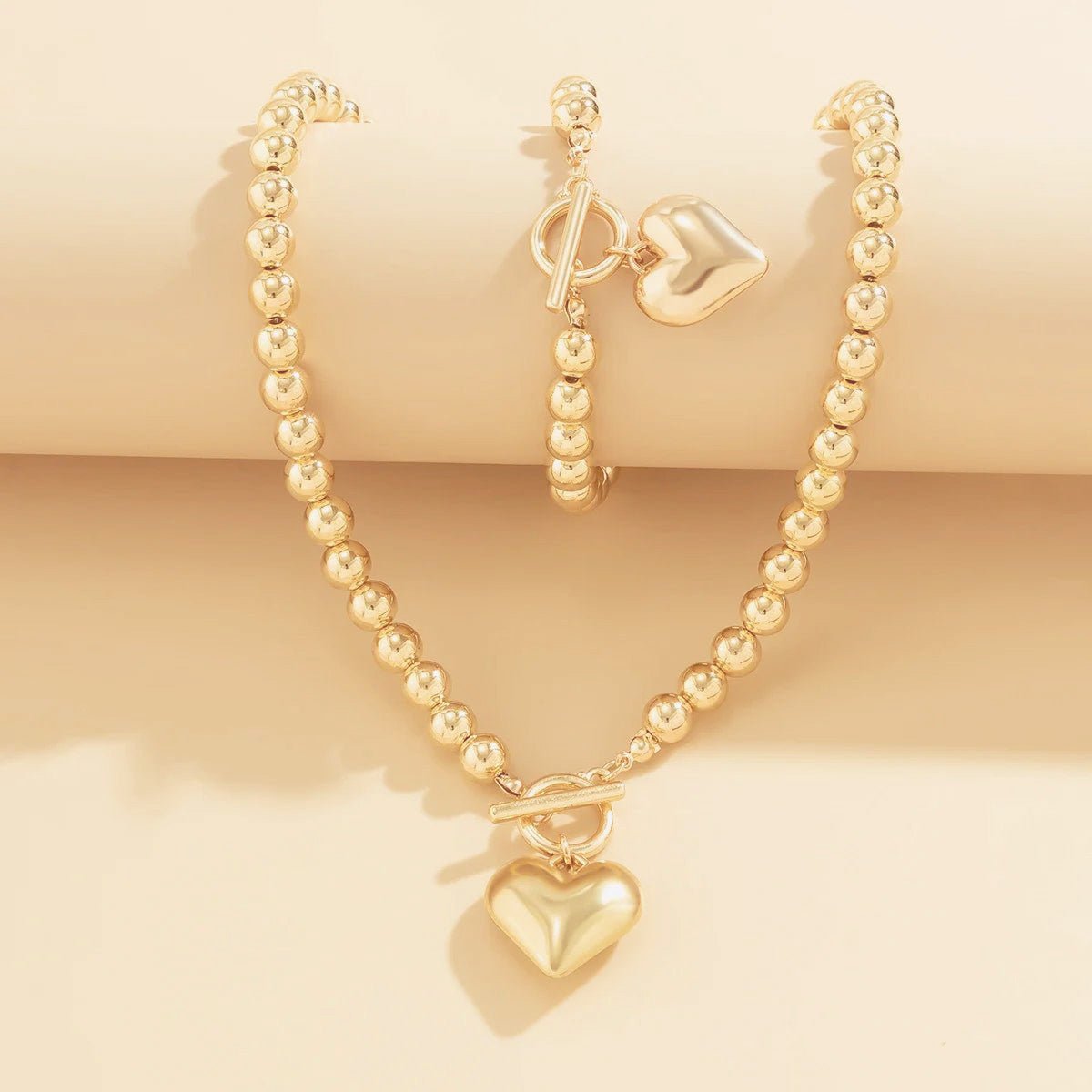 Heart-Shaped Beaded Pendant Bracelet and Necklace Set