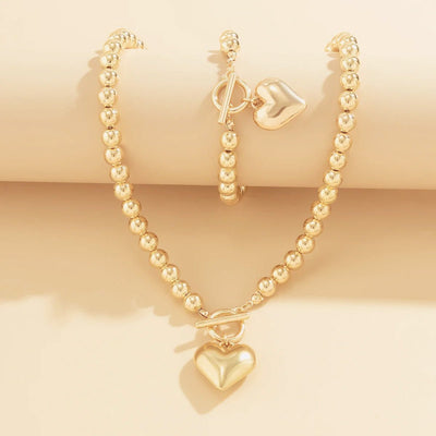 Heart-Shaped Beaded Pendant Bracelet and Necklace Set
