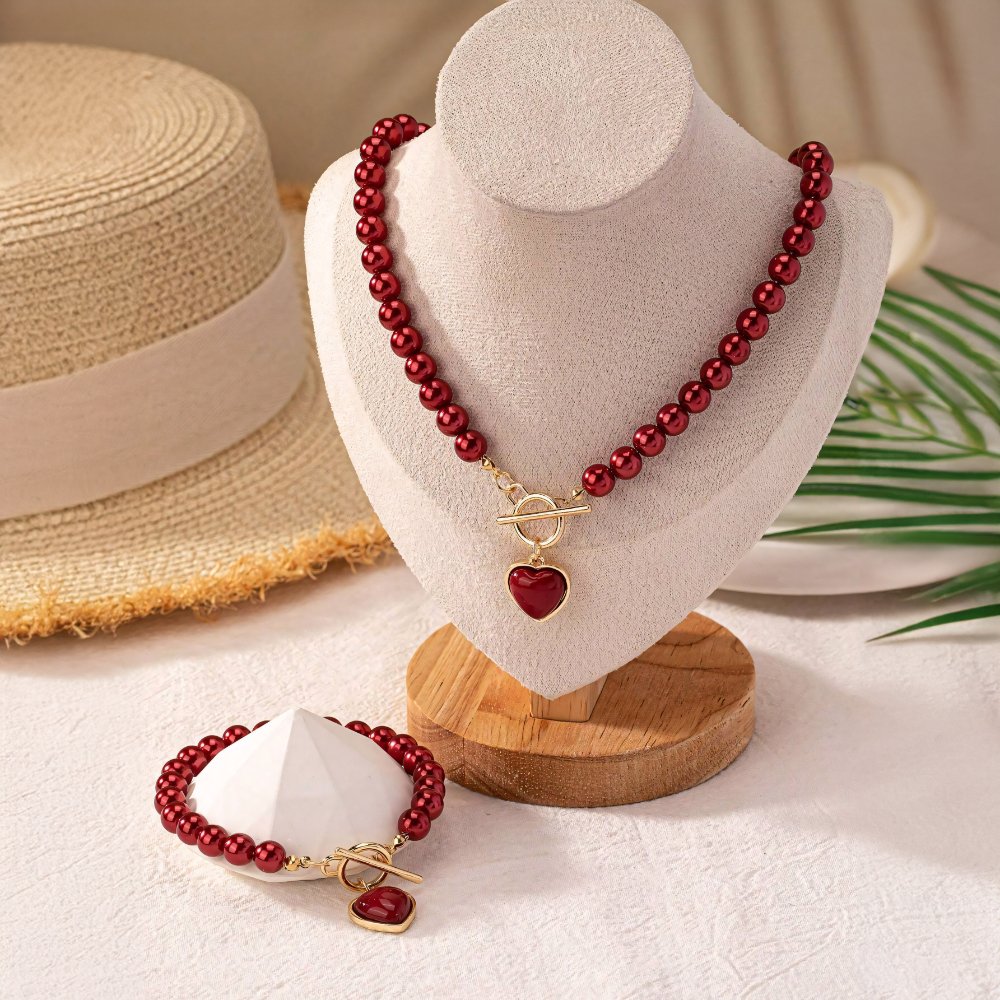 Heart-Shaped Beaded Pendant Bracelet and Necklace Set