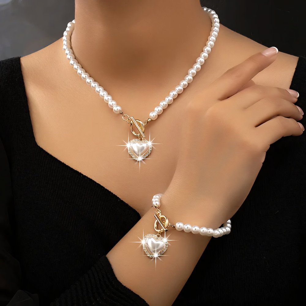 Heart-Shaped Beaded Pendant Bracelet and Necklace Set