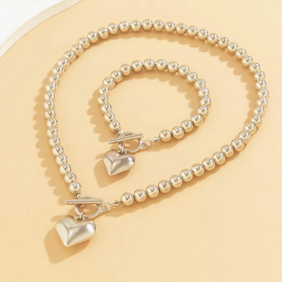 Heart-Shaped Beaded Pendant Bracelet and Necklace Set