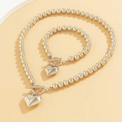 Heart-Shaped Beaded Pendant Bracelet and Necklace Set