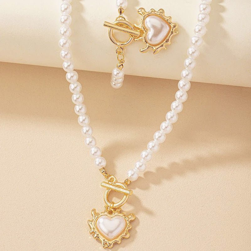 Heart-Shaped Beaded Pendant Bracelet and Necklace Set