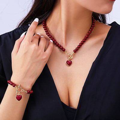 Heart-Shaped Beaded Pendant Bracelet and Necklace Set