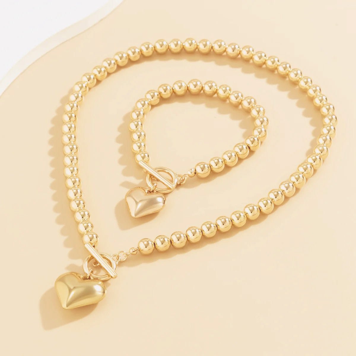 Heart-Shaped Beaded Pendant Bracelet and Necklace Set
