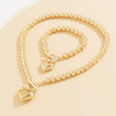 Heart-Shaped Beaded Pendant Bracelet and Necklace Set