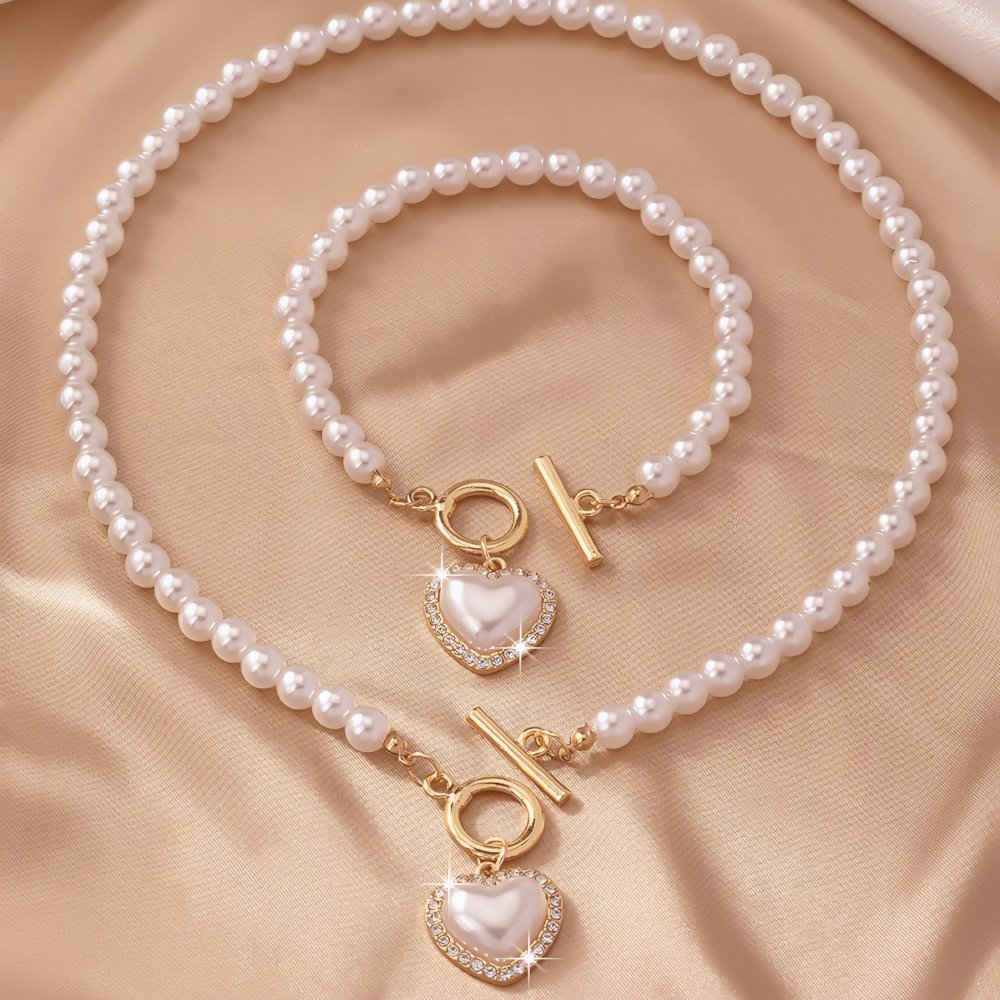 Heart-Shaped Beaded Pendant Bracelet and Necklace Set
