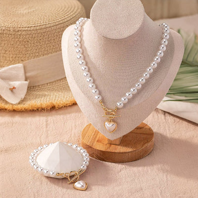 Heart-Shaped Beaded Pendant Bracelet and Necklace Set