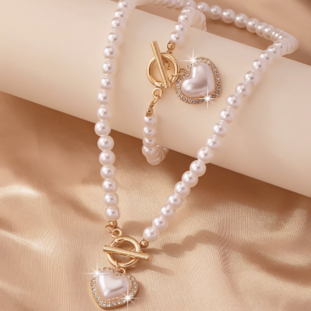 Heart-Shaped Beaded Pendant Bracelet and Necklace Set