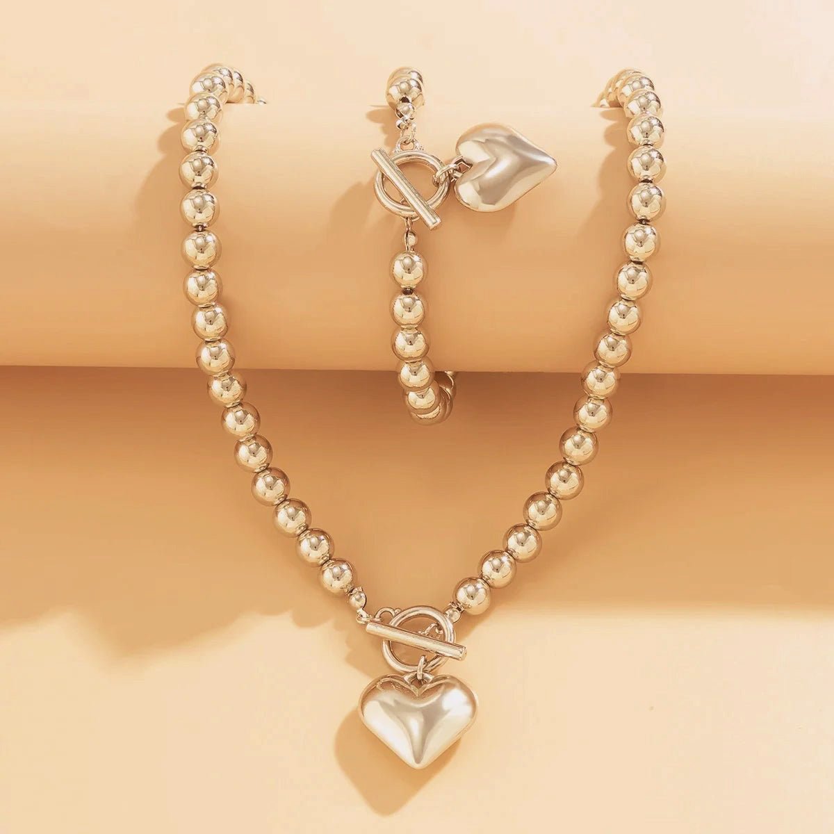 Heart-Shaped Beaded Pendant Bracelet and Necklace Set