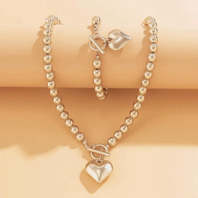 Heart-Shaped Beaded Pendant Bracelet and Necklace Set