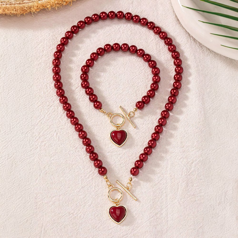 Heart-Shaped Beaded Pendant Bracelet and Necklace Set